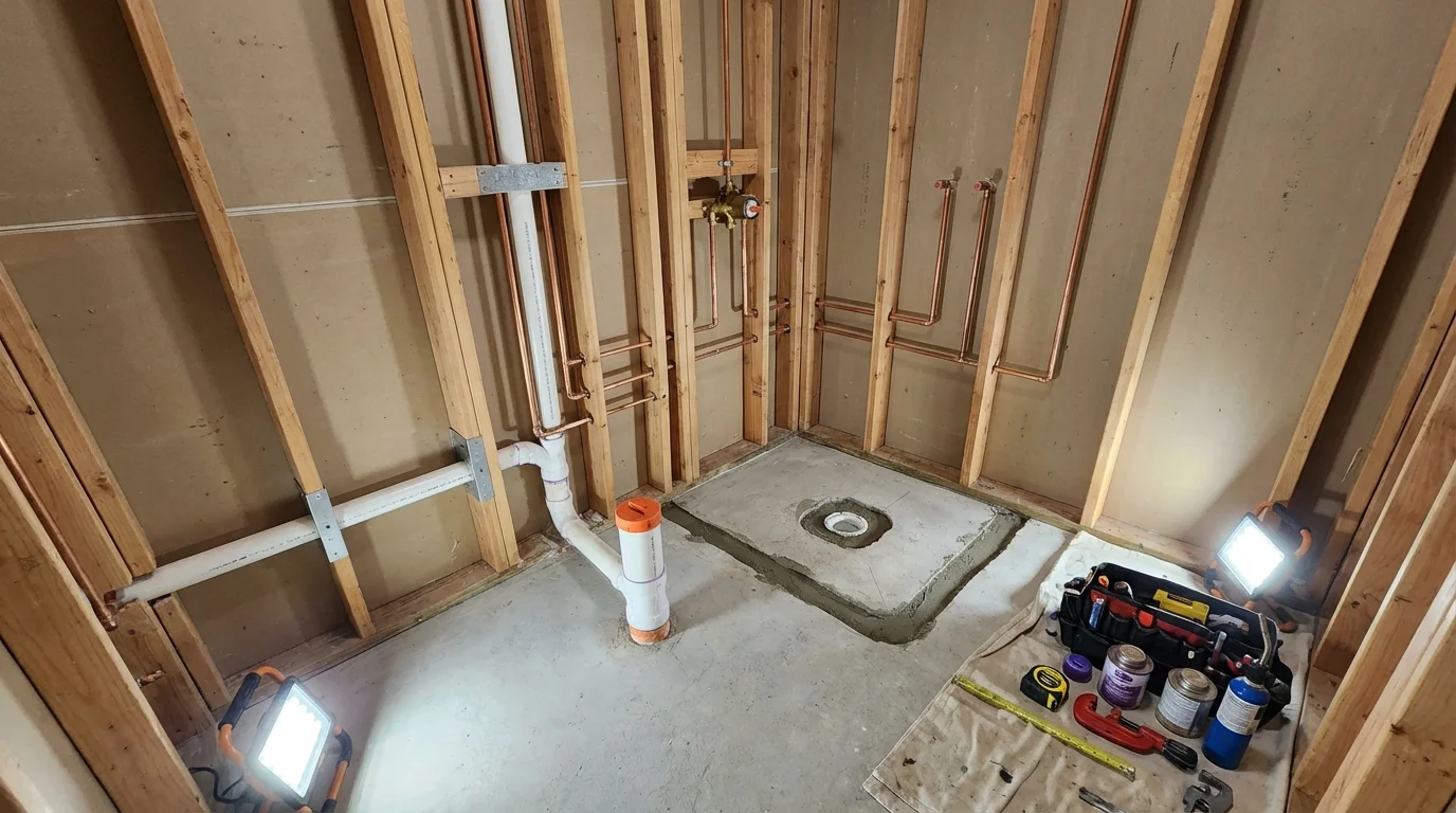 Bathroom rough-in plumbing during remodel by Johns Plumbing LLC in Runge