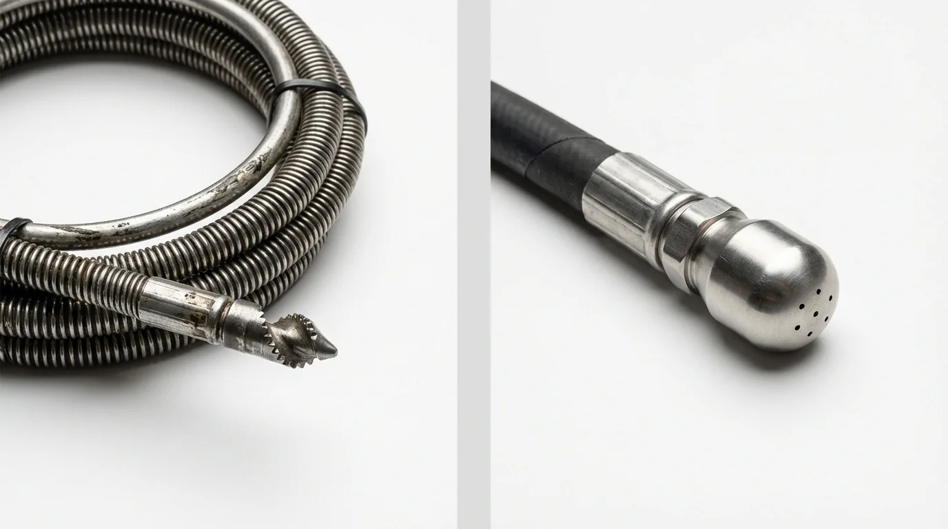 Drain snake cable and hydro jetting nozzle used for drain cleaning in Runge, TX