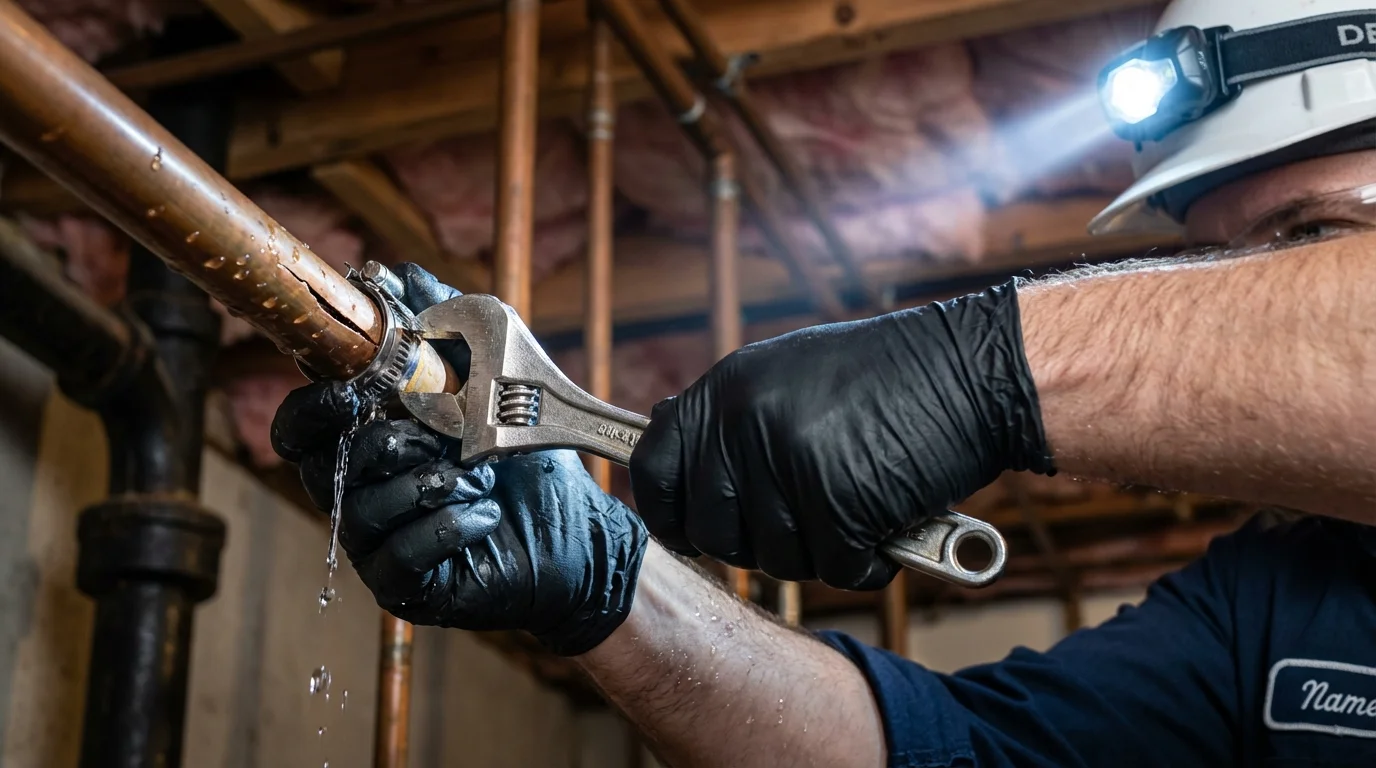 Emergency pipe clamp repair being performed by a Johns Plumbing LLC plumber in Runge