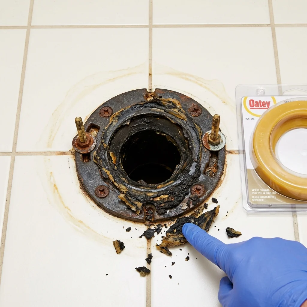 Failed wax ring showing water seepage at the base of a toilet in a Runge, TX home