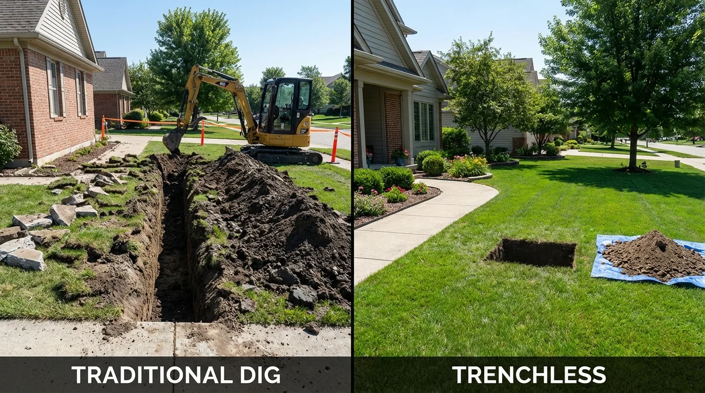 Trenchless sewer repair with minimal yard damage versus traditional excavation in Runge, TX