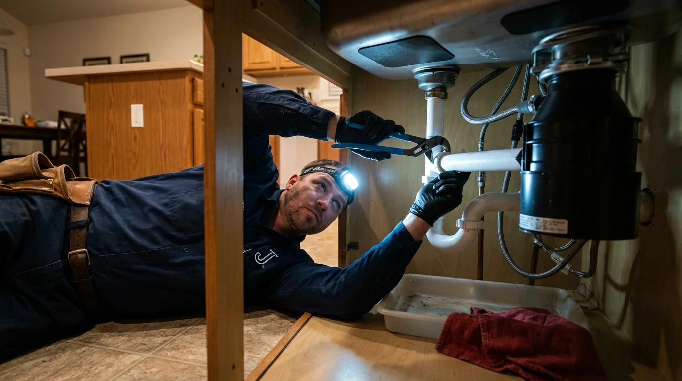 P-trap and supply line connections under a kitchen sink showing a common leak point in Runge, TX